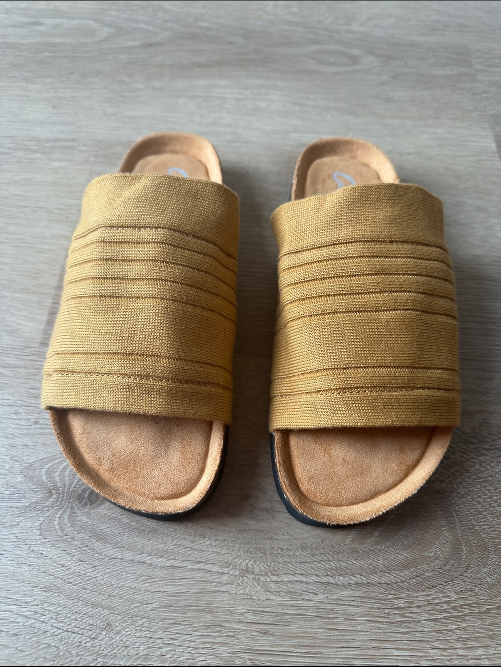 Women's Wide Strap Slide Sandals in Mustard Yellow